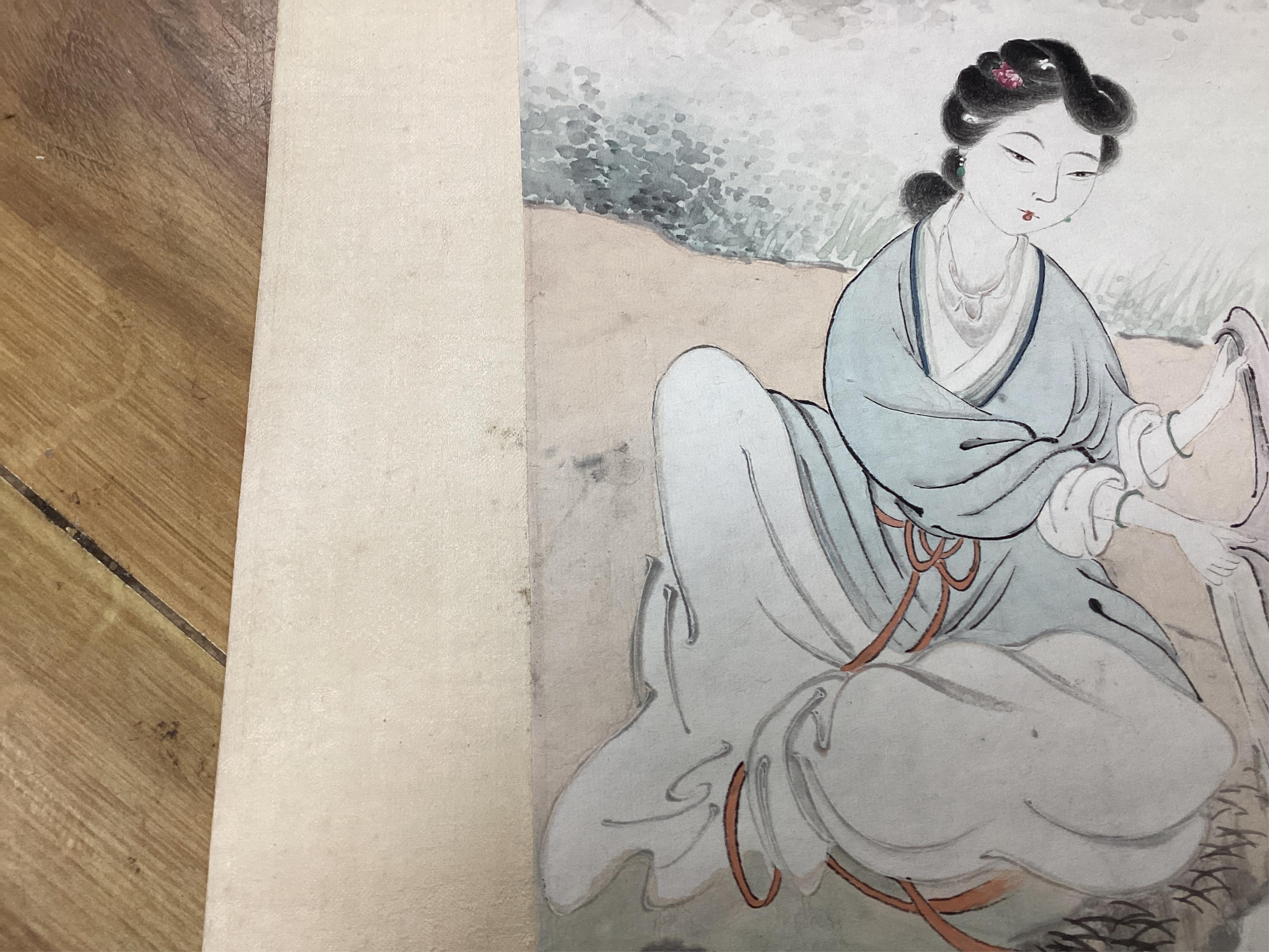 A set of four Chinese scroll paintings of ladies before landscapes, 48cm wide. Condition - fair